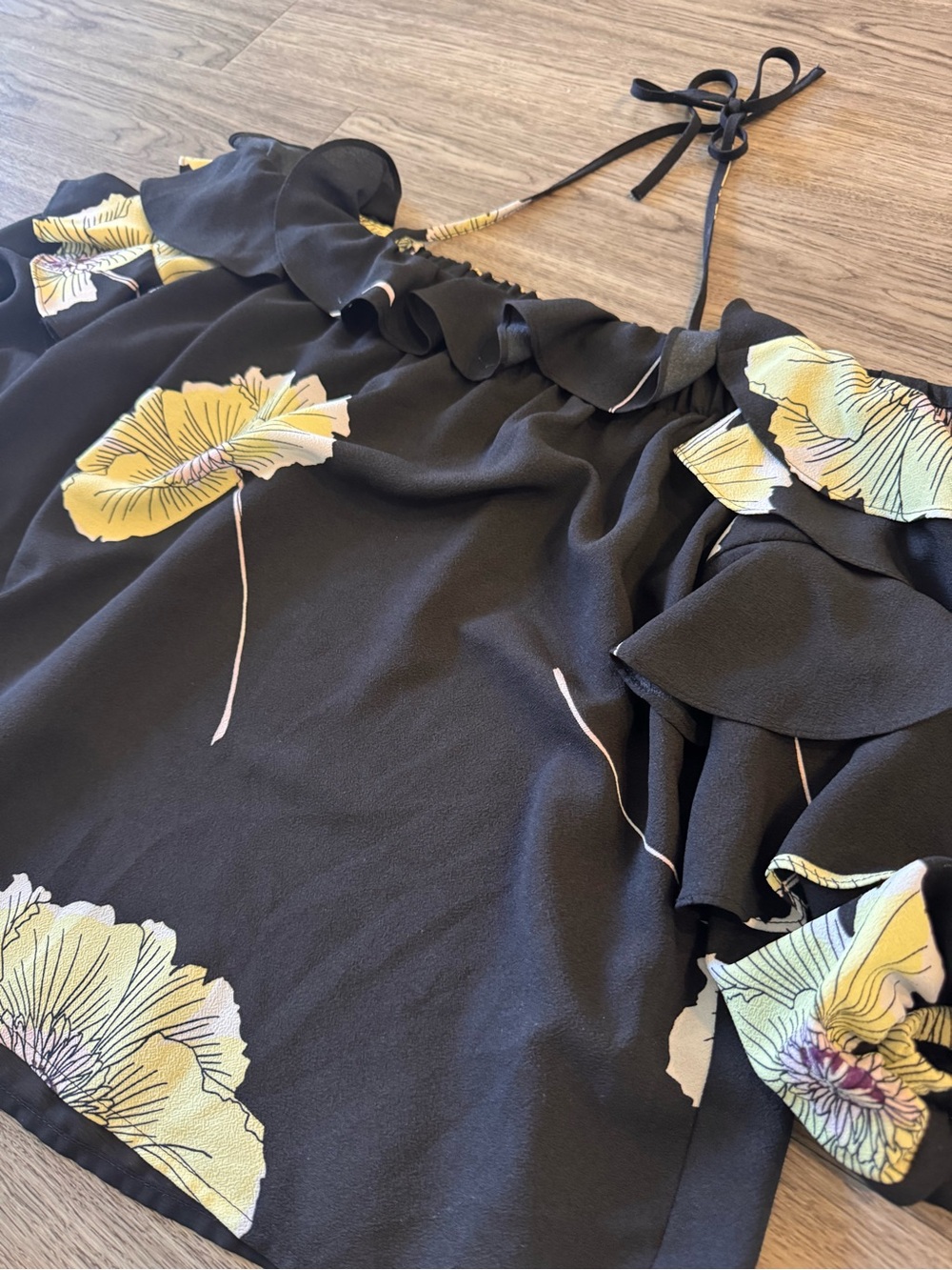 1. State Black Off-Shoulder Floral Ruffle Blouse with Yellow Blooms - Picture 2 of 4
